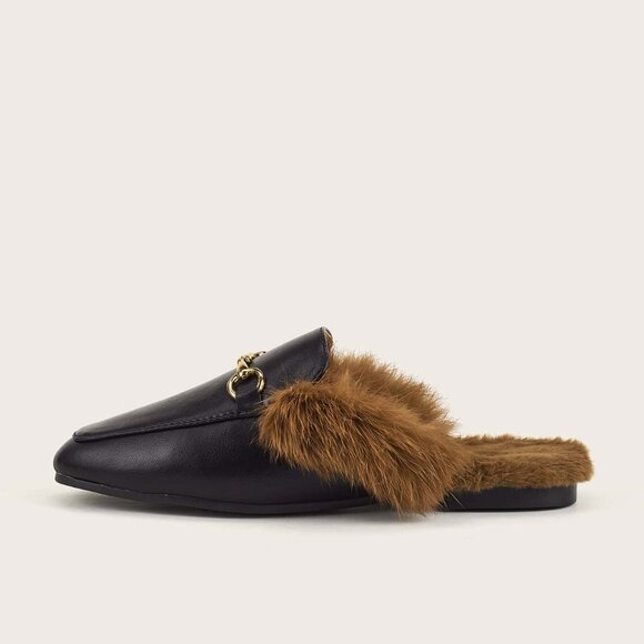Black Casual Women's Wide Fit Fluffy Horsebit Loafer Mules - Picture 3 of 5